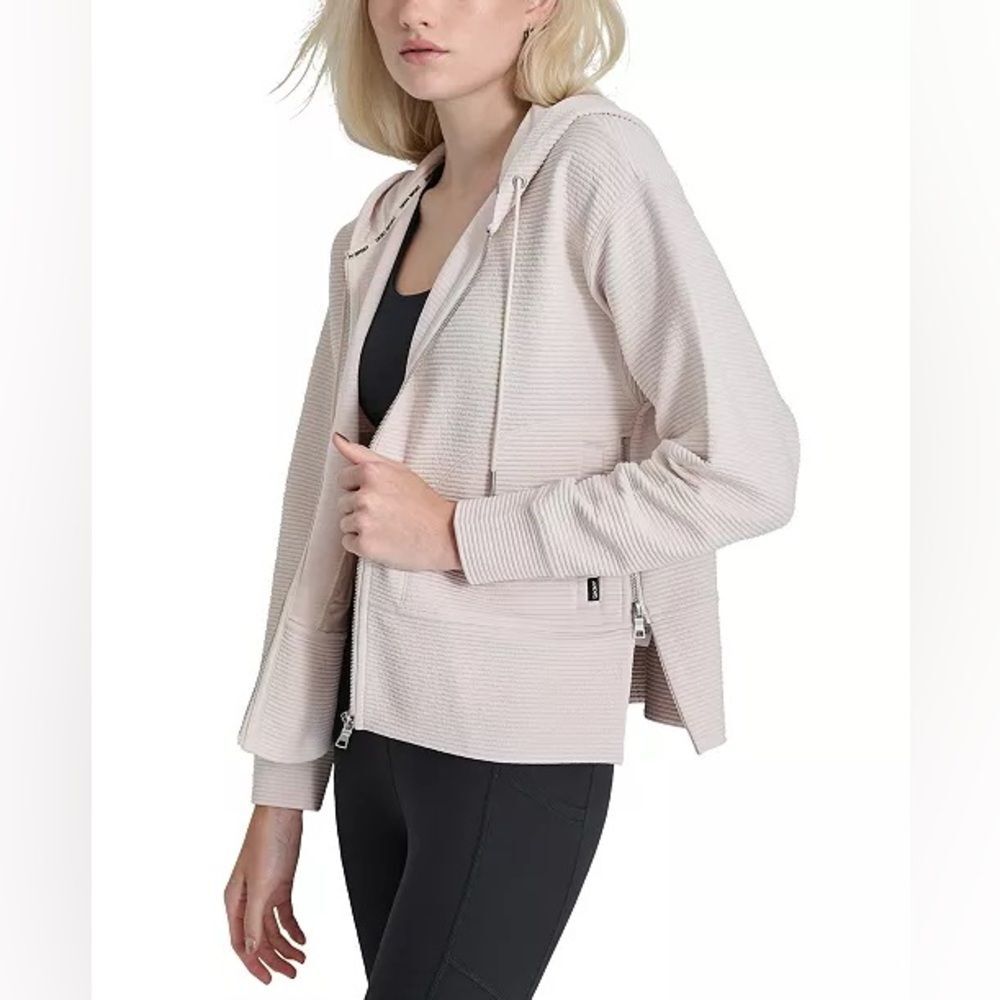 DKNY Sport Women’s Ribbed Zip Hoodie Jacket Sand Beige XL - Picture 2 of 12